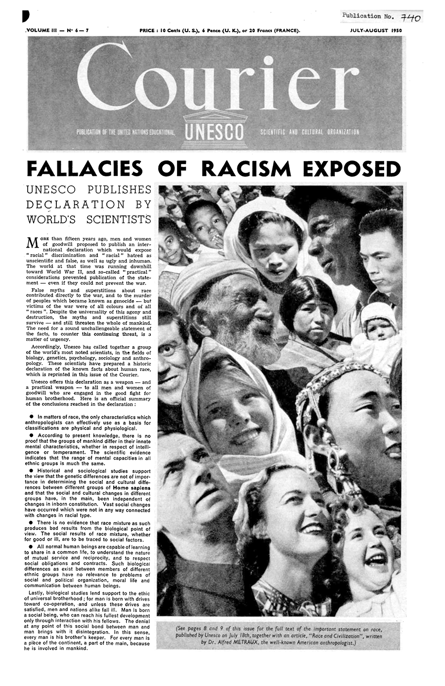 The front page of the UNESCO Courier showing the first expert Statement on race, 1950. (UNESCO Courier July-August 1950/UNESCO.)
