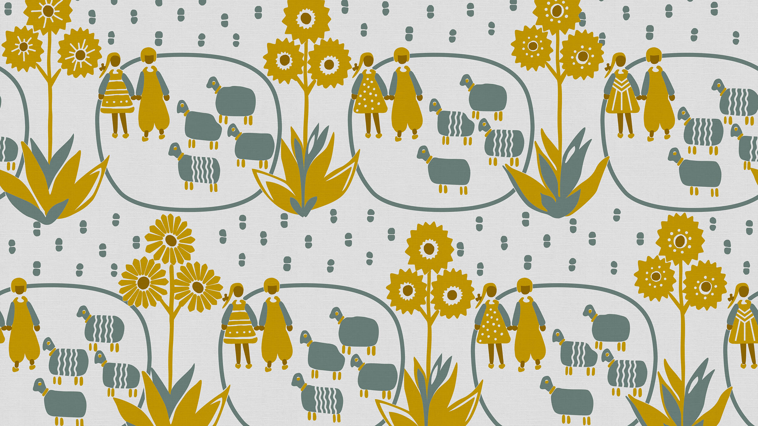 Tekstil fra Hjula Væveri med design av barn og familie 