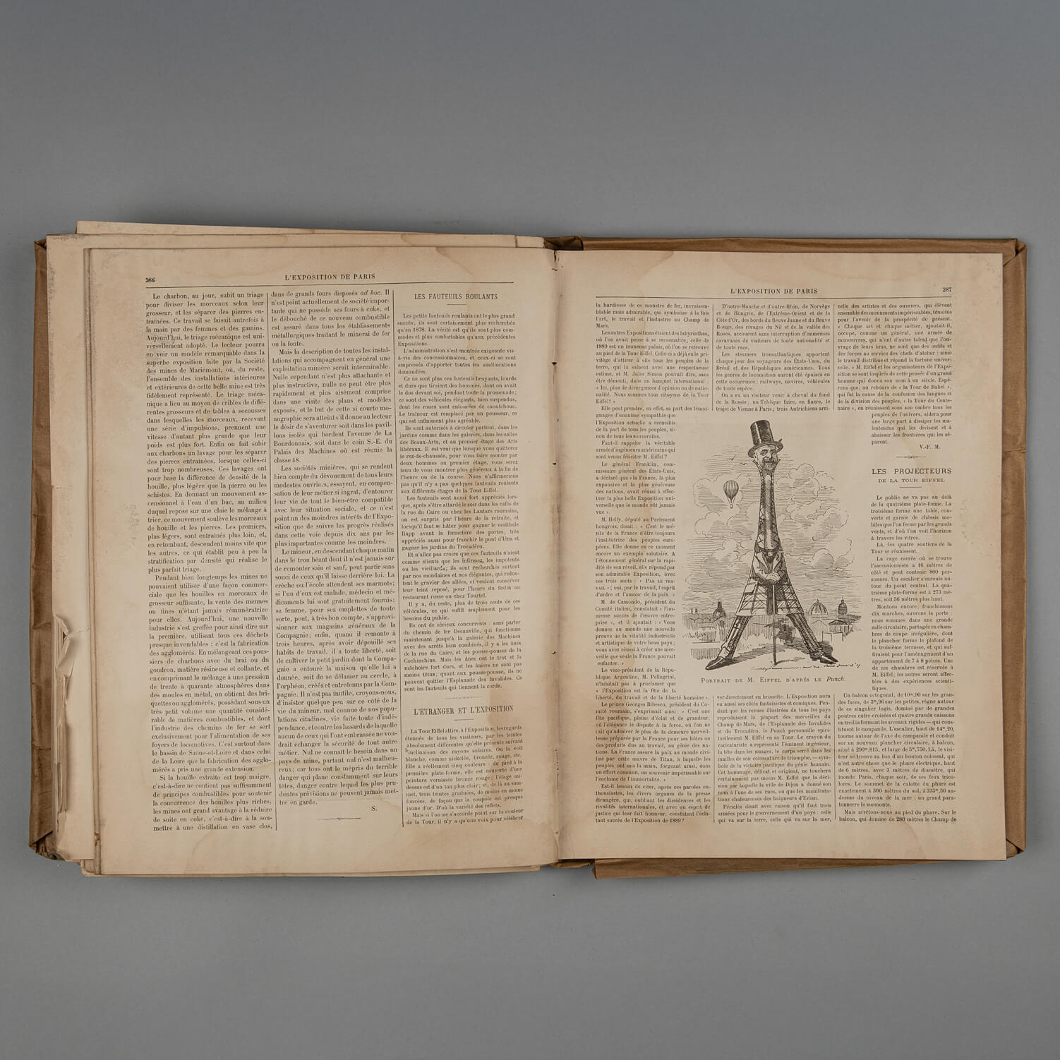 Karikaturtegning av Gustave Eiffel fra antikk bok om verdensutstillingen i Paris