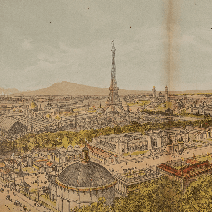 Fargerikt nærbilde av Paris under verdensutstillingen 1889