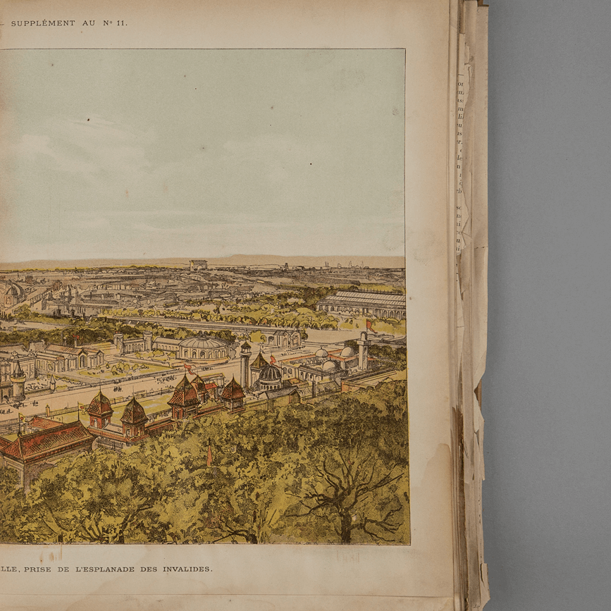 Nærbilde av antikk bok om Verdensutstillingen i Paris