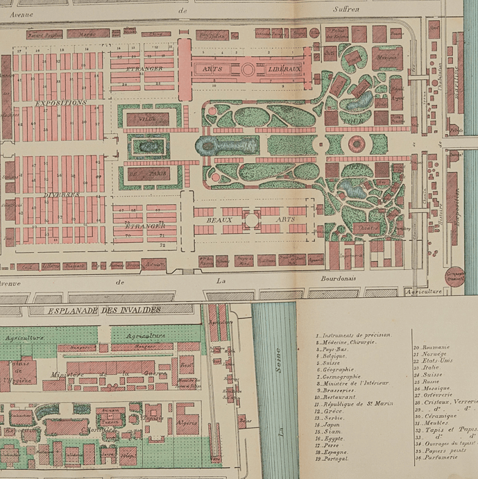 Fargerikt kart som viser utstillingsområde til verdensutstillingen i Paris 1889