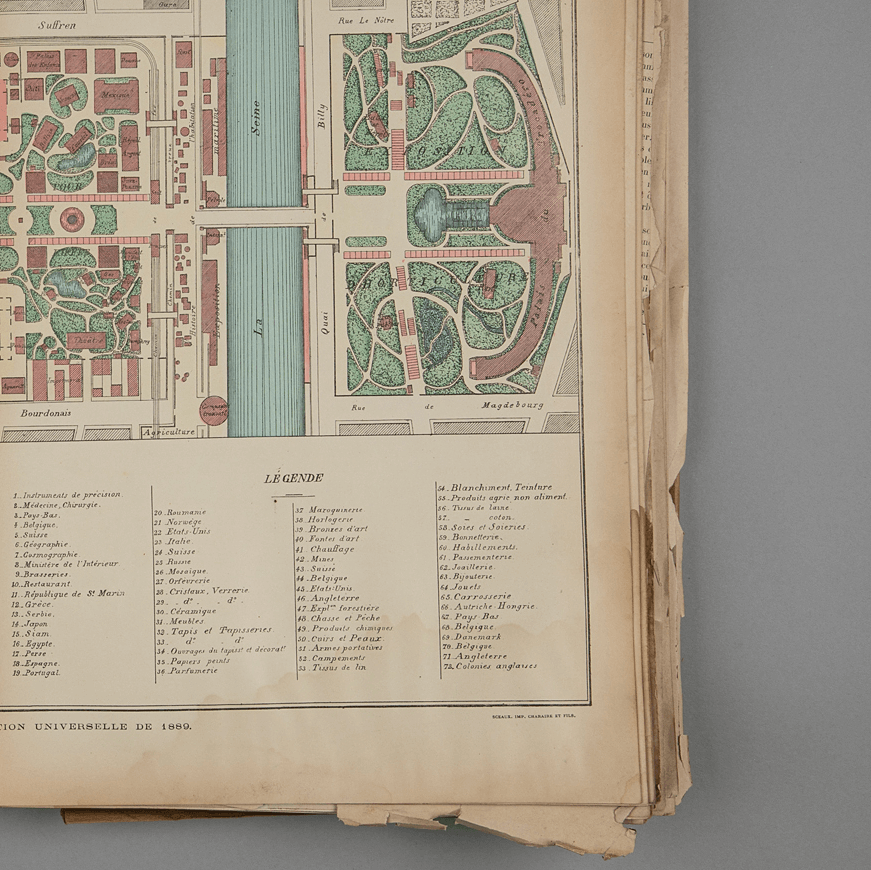 Antikk kart som viser utstillingsområde til verdensutstillingen i Paris 1889