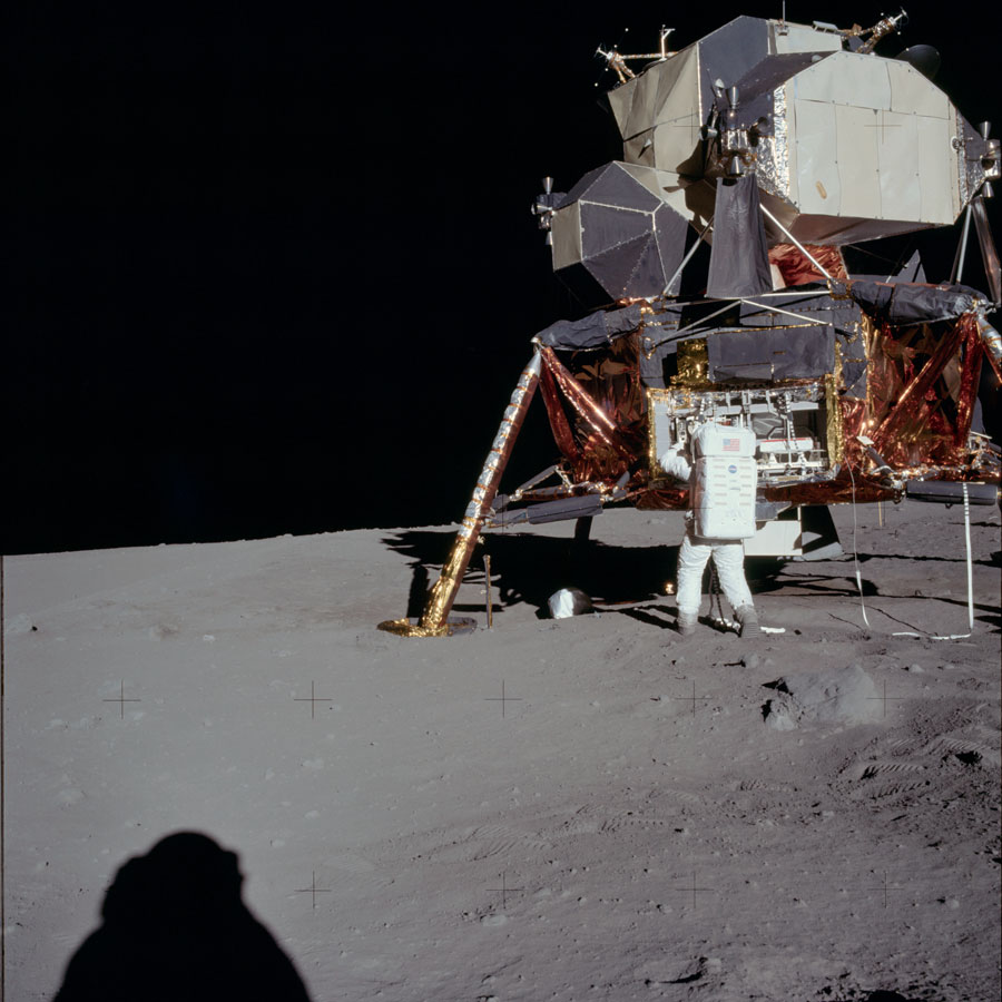 THE EAGLE HAS LANDED! – The Eagle lunar lander was landed softly by Neil and Buzz after a nerve-wracking final sprint. Here, the Eagle cockpit is recreated in full size, and you can take the controls and land yourself.