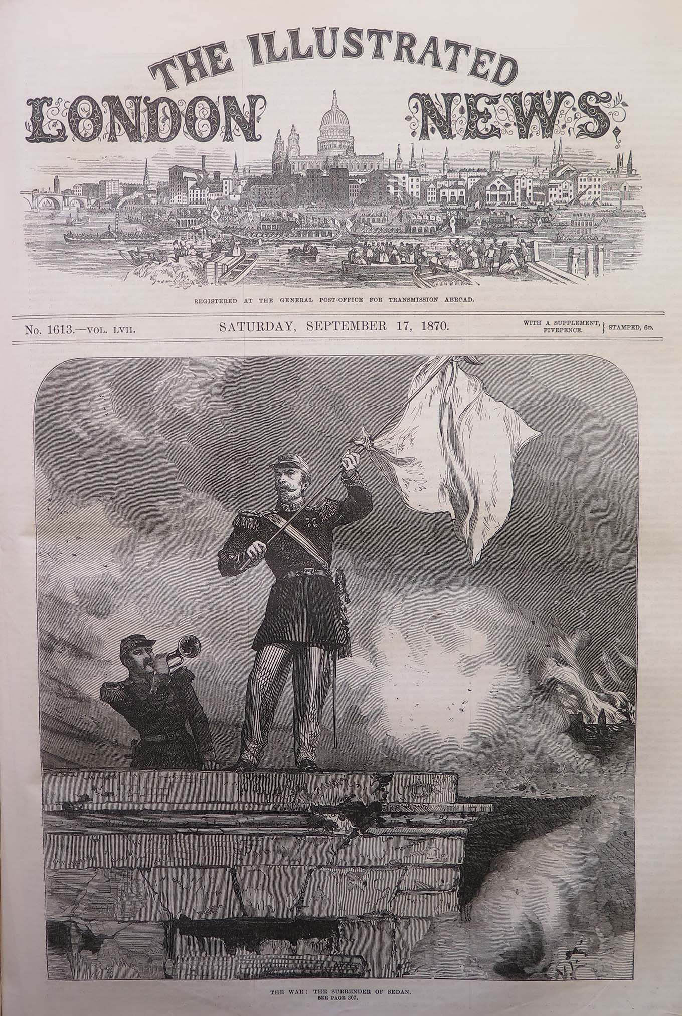Cover of London newspaper with man with flag on wall