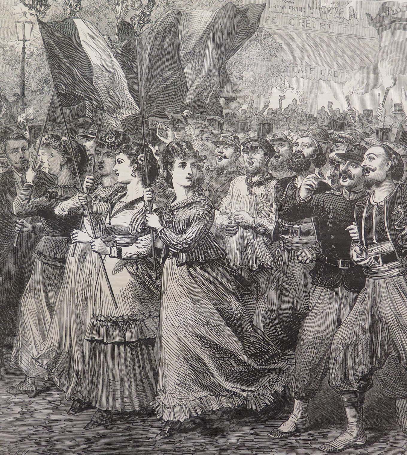 Drawing of women with flags during the Franco-German war