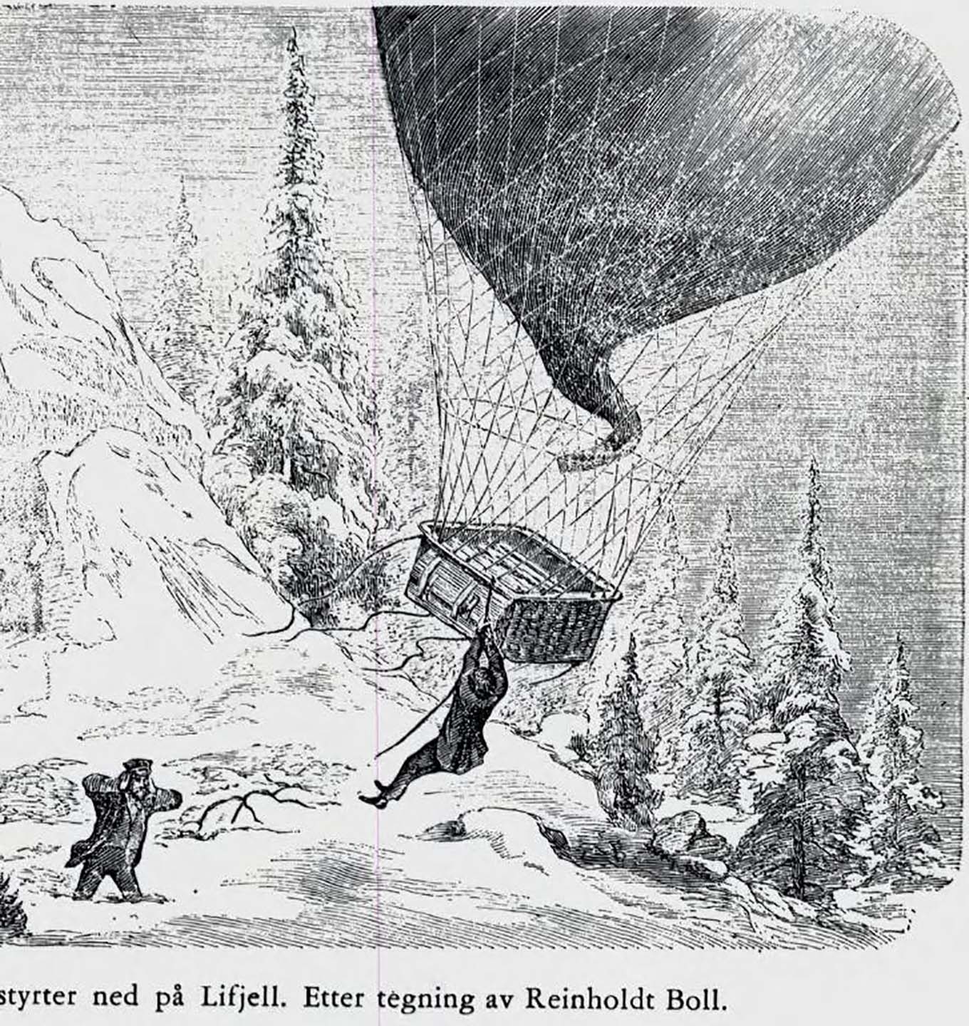 Gammel illustrasjon av en luftballong som havarerer i et snølagt fjellandskap.