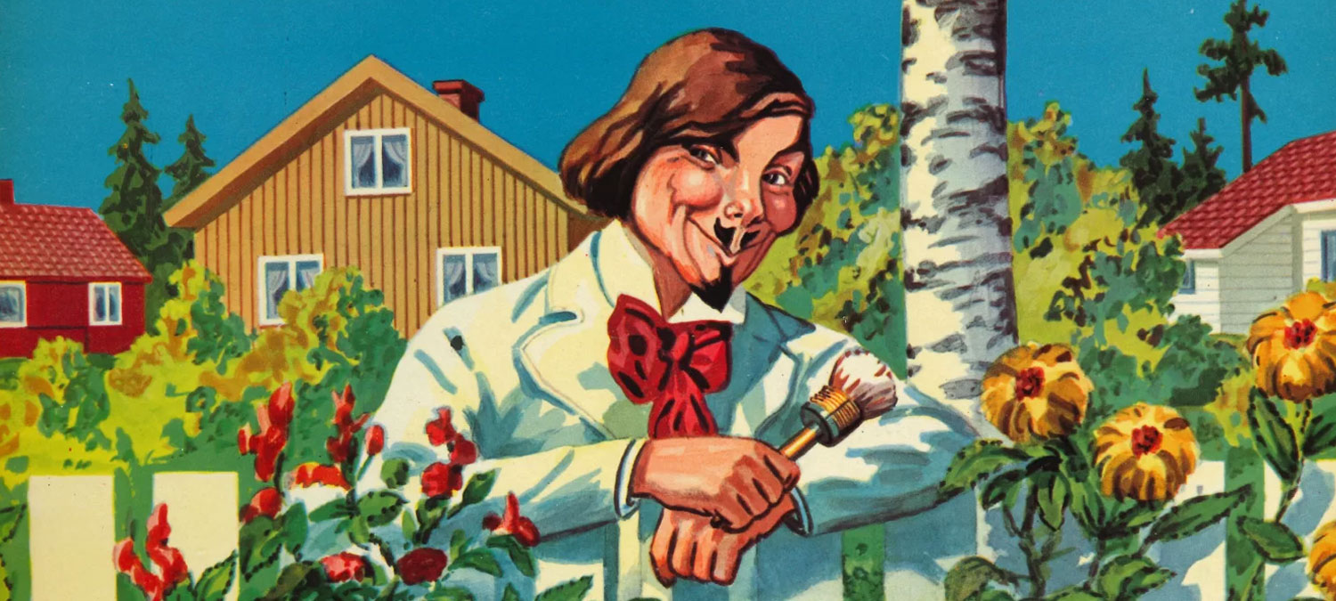 Fargeannonse fra Alf Bjercke med Maler'n som holder en kost med hus i bakgrunnen