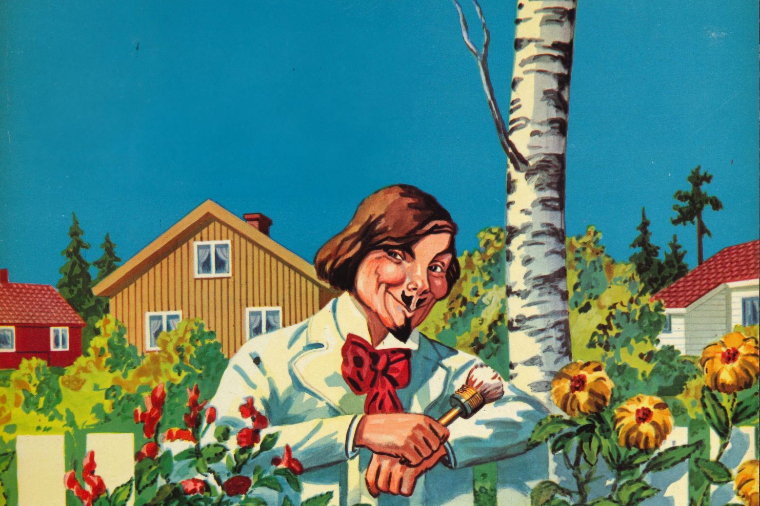 Fargeillustrasjon av Alf Bjerke Malingsverksted med fokus på verkstedets detaljer og fargerike elementer.