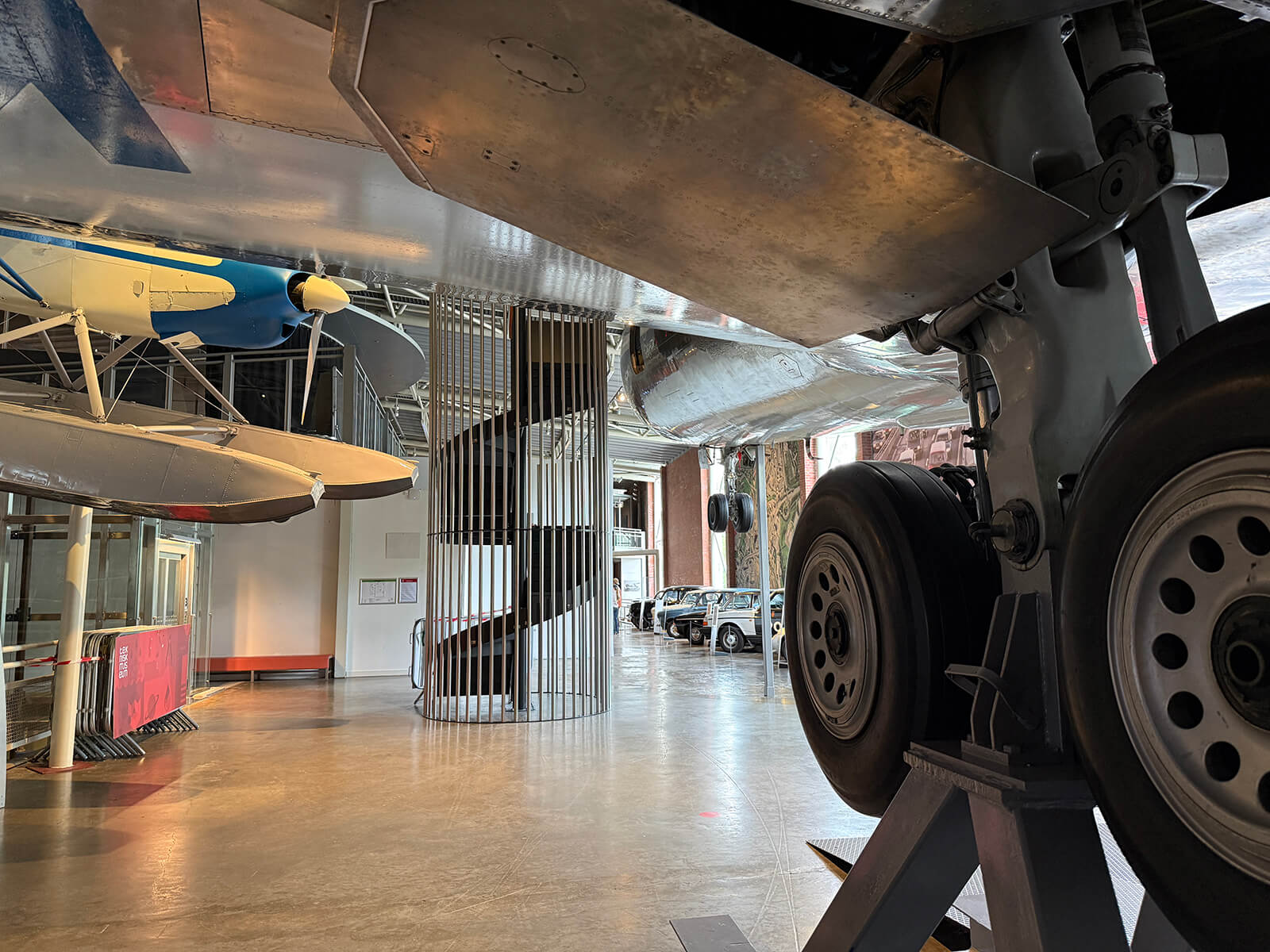 The stairs to the plane mounted in the norwegian museum of science and technology 's exhibition