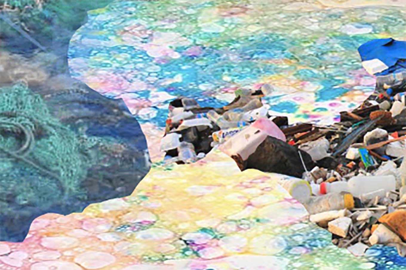 Collage: Photo of plastic trash and painting of colorful water.