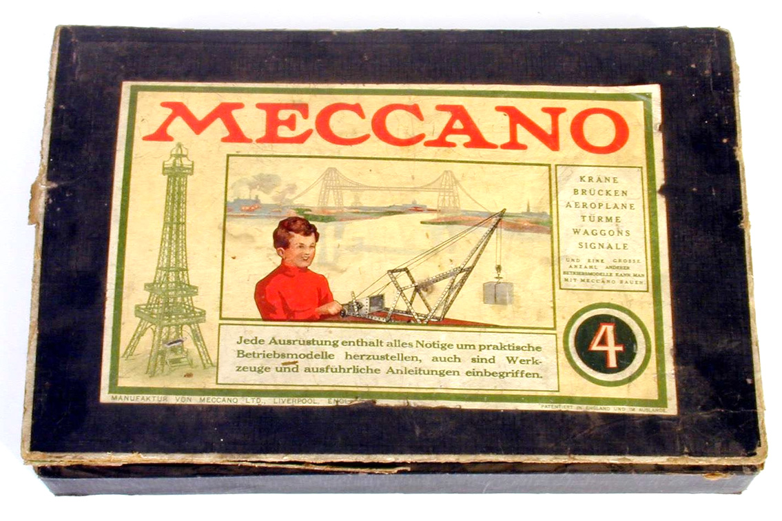 Gammelt Meccano-byggesett eske
