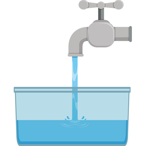 Water flows from the tap into a sink. Graphics.  