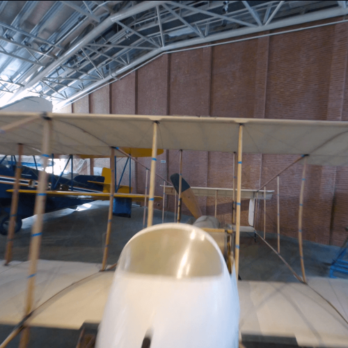 Dynamic drone photo of classic aircraft in The Norwegian Museum of Science and Technology