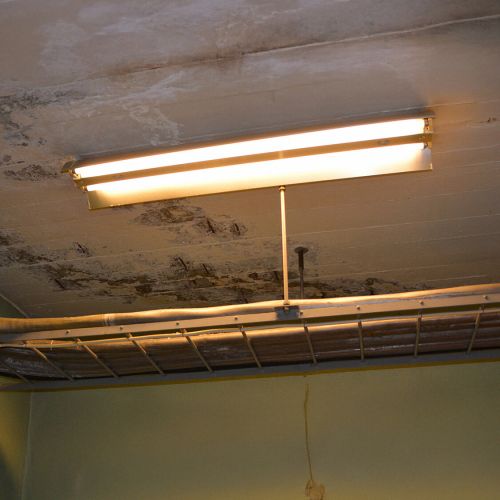 mørkt rom med kunstig lys, mugg og vannskader