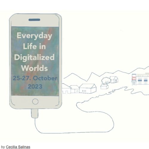 En mobil med teksten "Everyday Life in Digitalised worlds" med en illustrasjon i bakgrunn.