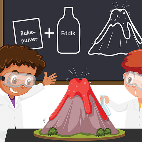 To barn i verneutstyr står rundt en liten vulkan med rød lava som renner ut. I bakgrunnen er det en tavle hvor det er skrevet bakepulver pluss eddik og en tenging av samme vulkan som barna står rundt. Grafikk