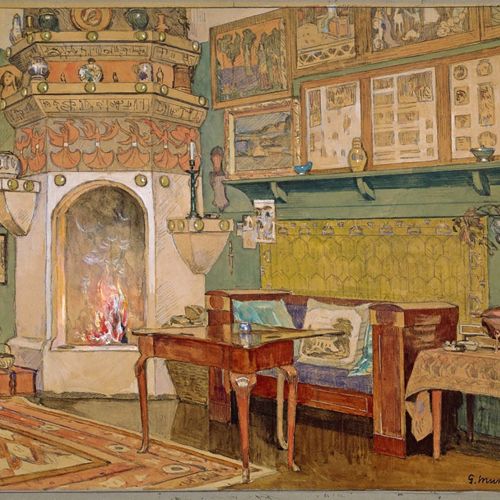 Painting by Gerhard Munthe of a fireplace, coffee table and a sofa. Photo.