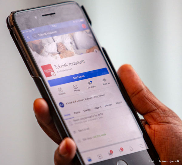 Mobile phone showing The Norwegian Museum of Science and Technology 's on social media.