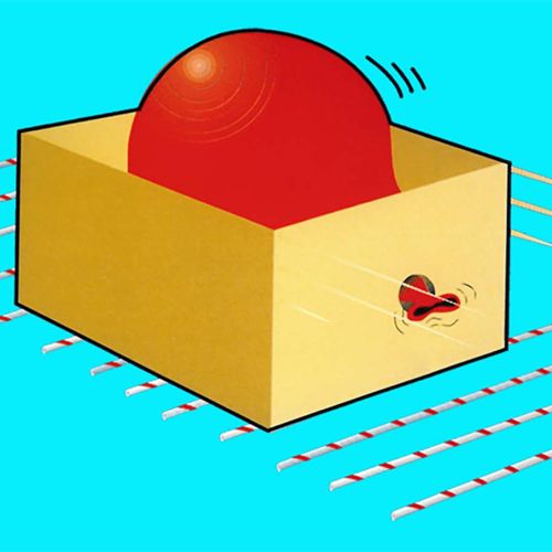 En rød ballong ligger i en boks, med ballongtuten tredd gjennom et hull. Boksen ligger oppå flere sugerør som ligger parallelt. Grafikk