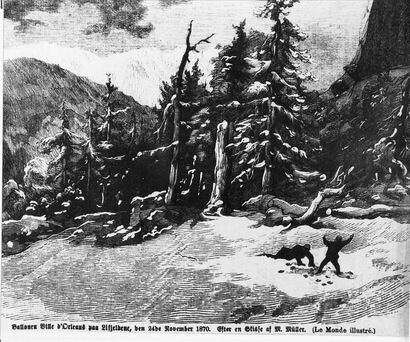 Gammel illustrasjon av to men som kaver rundt i snøen i et fjellandskap. En står med begge hender utstrakt mot himmelen.