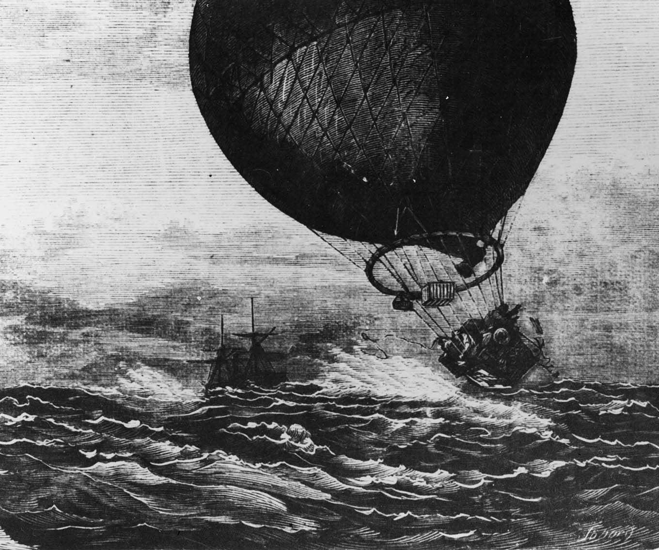 Gammel illustrasjon av en luftballong som neste havarerer i havet. En båt kan skimtes i bakgrunnen.