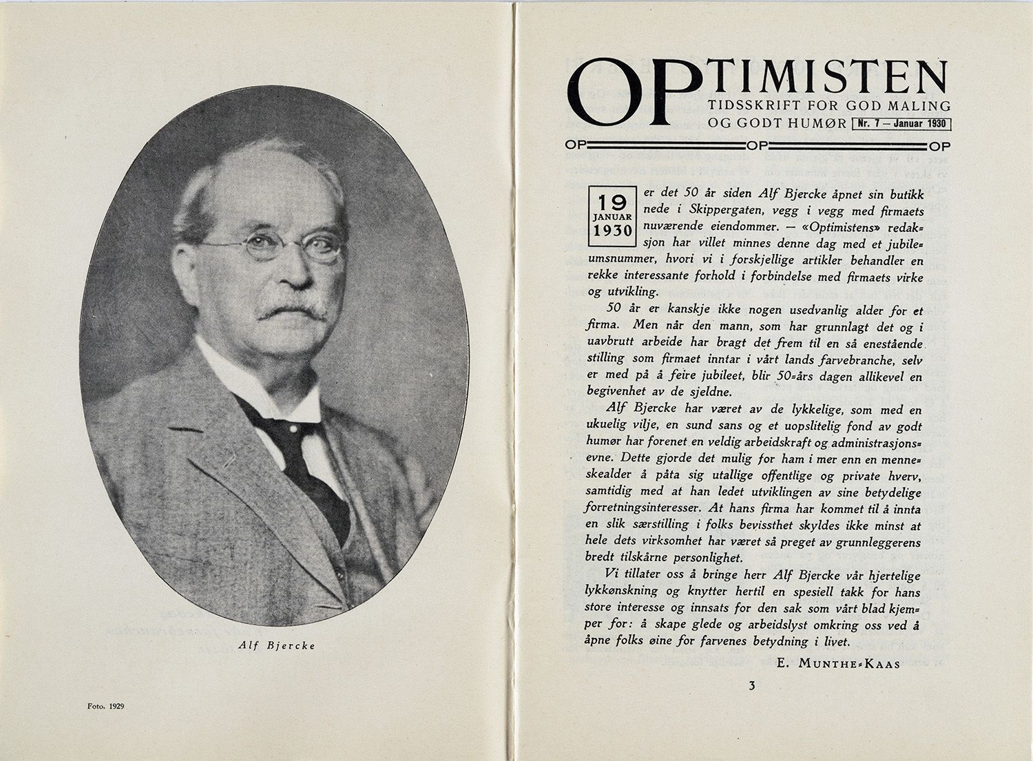 Two pages from the Optimisten journal with a portrait of Alf Bjerke