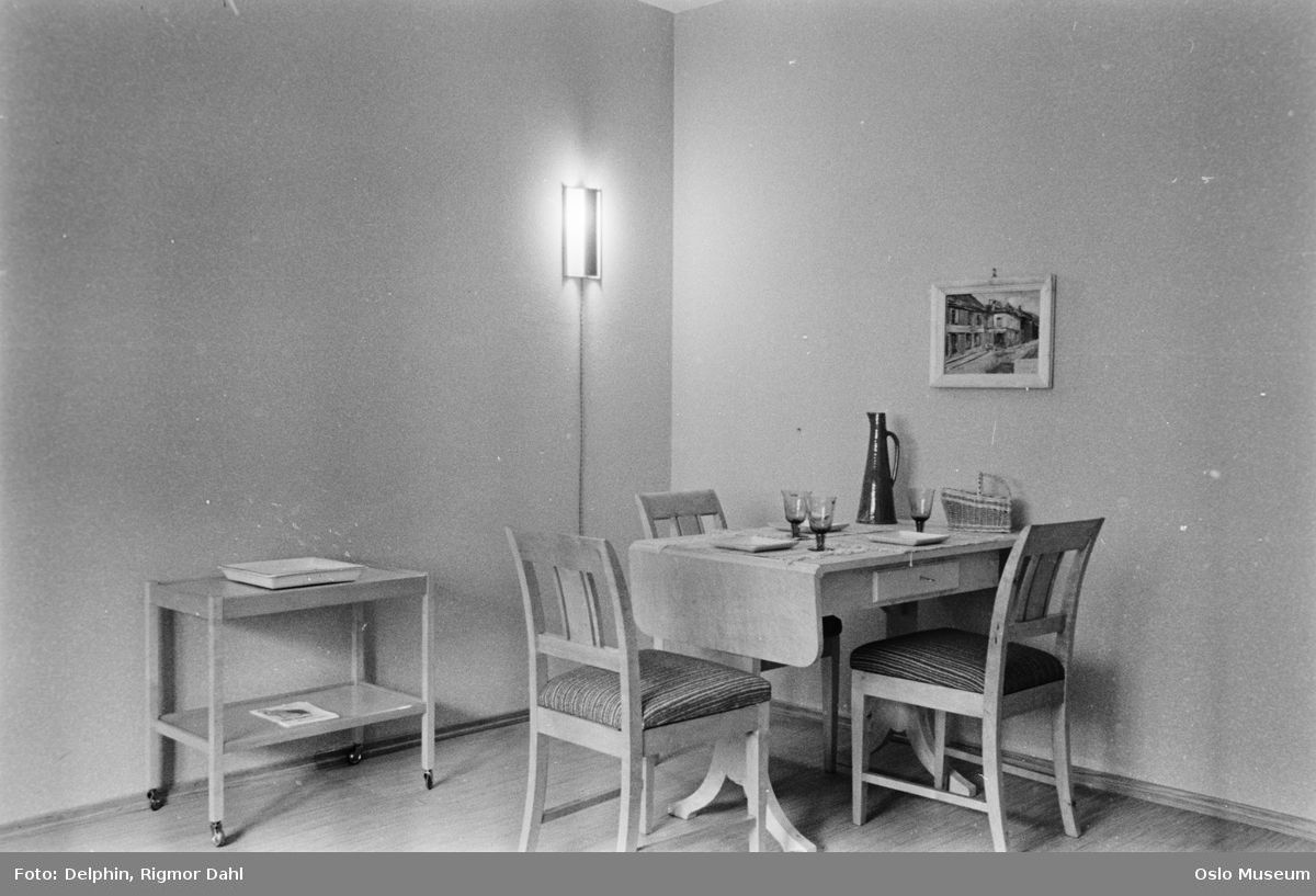 Black and white interior of a dining room