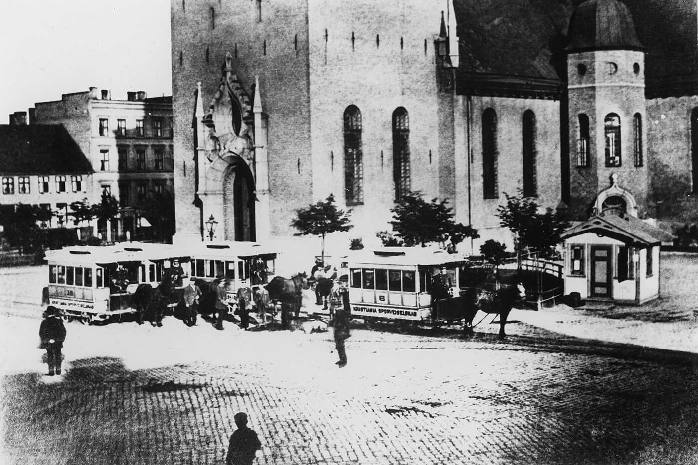 analog picture of old tram on town hall square